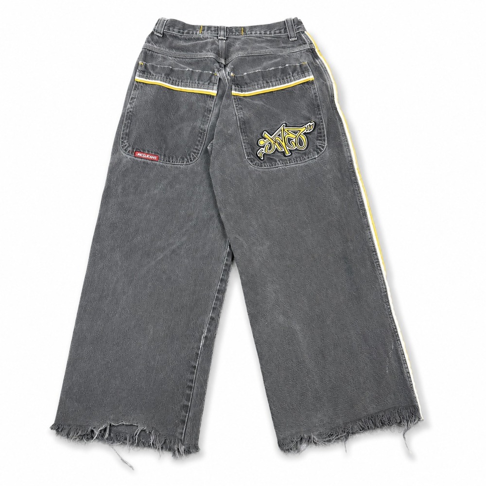 Vtg JNCO Jean 32x32 Black Wide Leg Baggy Side Stripe Graffiti Logo Y2K Skater